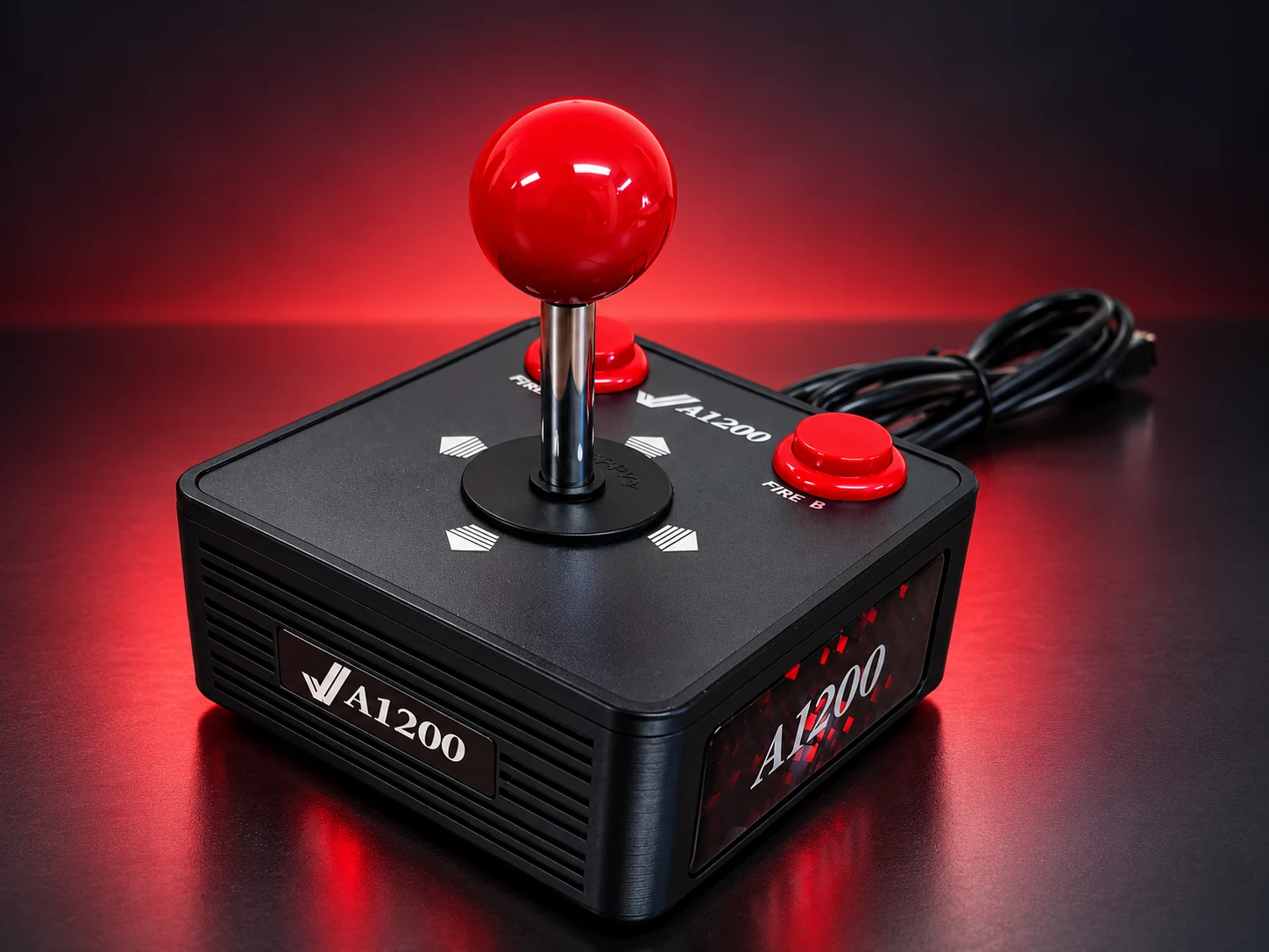 Angled studio detail of the A1200 joystick showing the chrome shaft, dual fire buttons and branded casing